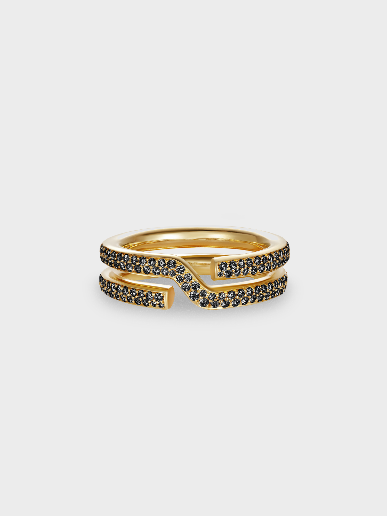 Gold keyring ring with black diamond pave on light grey background