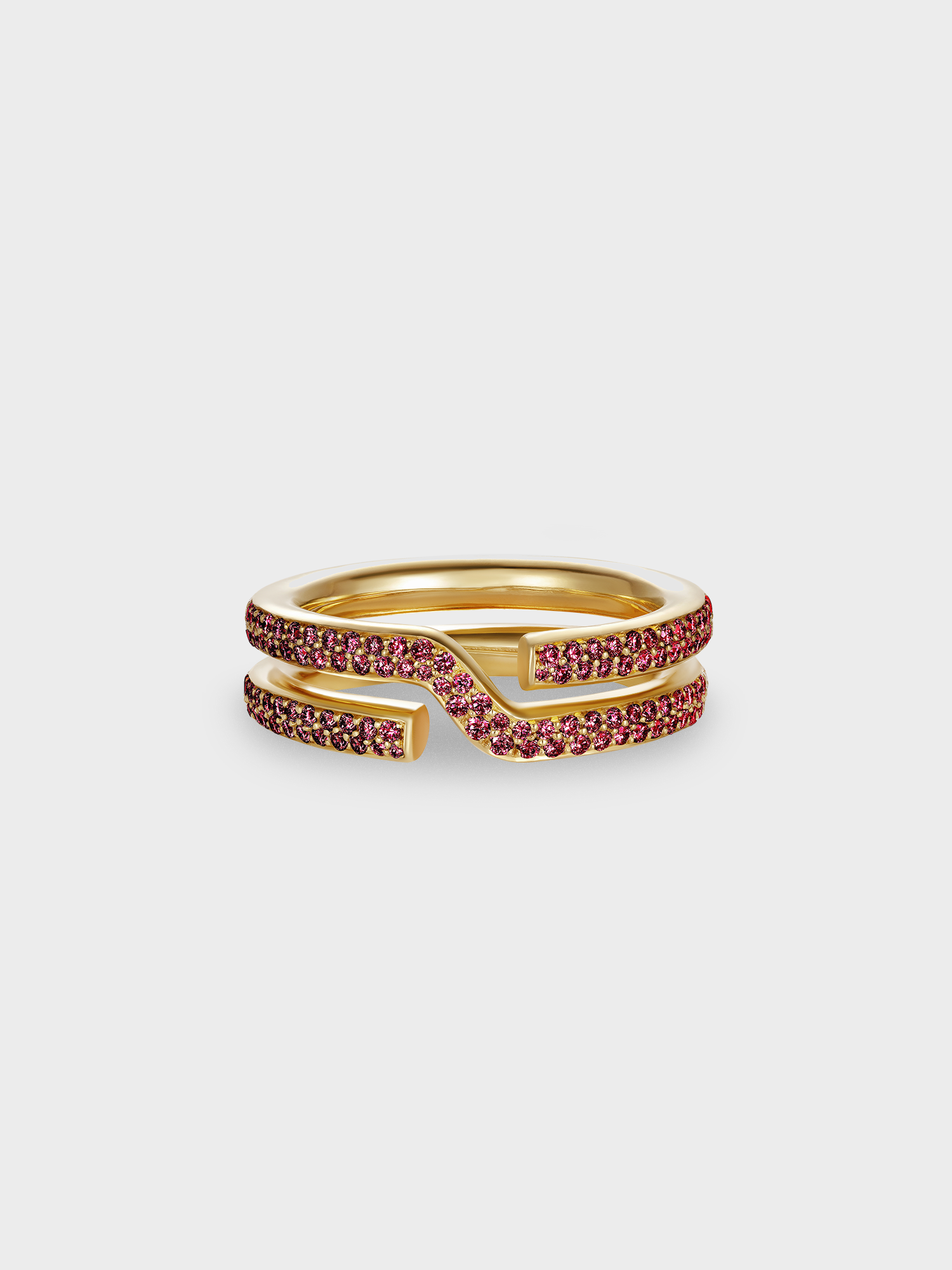 Gold keyring ring with rubie pave on light grey background